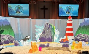 VBS 2024 Breaker Rock Beach Decorations Mr Mark S Classroom   Breaker Rock Stage 300x182 